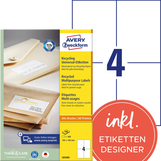 Avery Zweckform Universaletikett Recycling 105 x 148 mm (B x H) nicht wieder ablösbar 100 % Altpapier naturweiß 400 Etik./Pack.