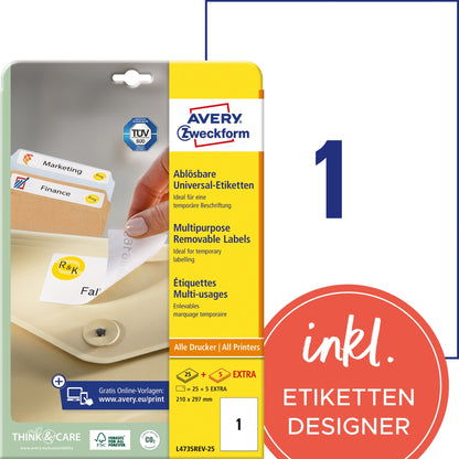 Avery Zweckform Universaletikett 210 x 297 mm (B x H) wieder ablösbar Papier weiß 30 Etik./Pack.