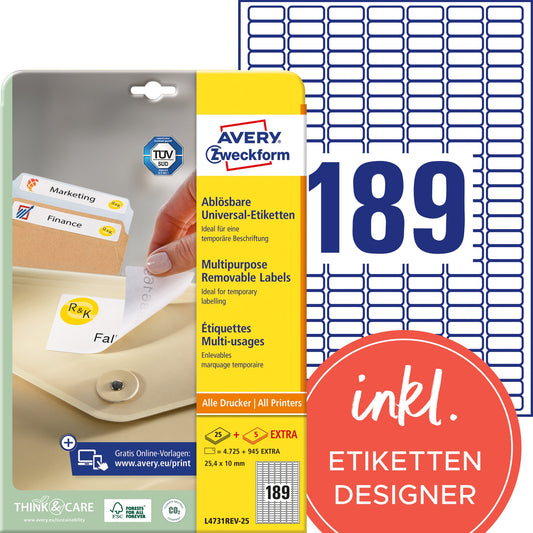Avery Zweckform Universaletikett 25,4 x 10 mm (B x H) wieder ablösbar Papier weiß 5.670 Etik./Pack.
