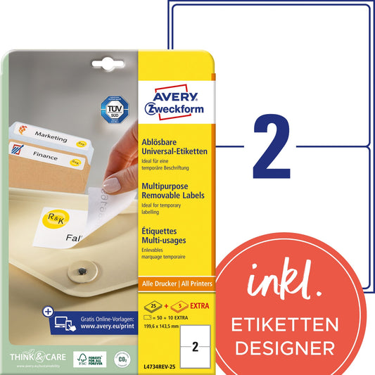 Avery Zweckform Universaletikett 199,6 x 143,5 mm (B x H) wieder ablösbar Papier weiß 60 Etik./Pack.