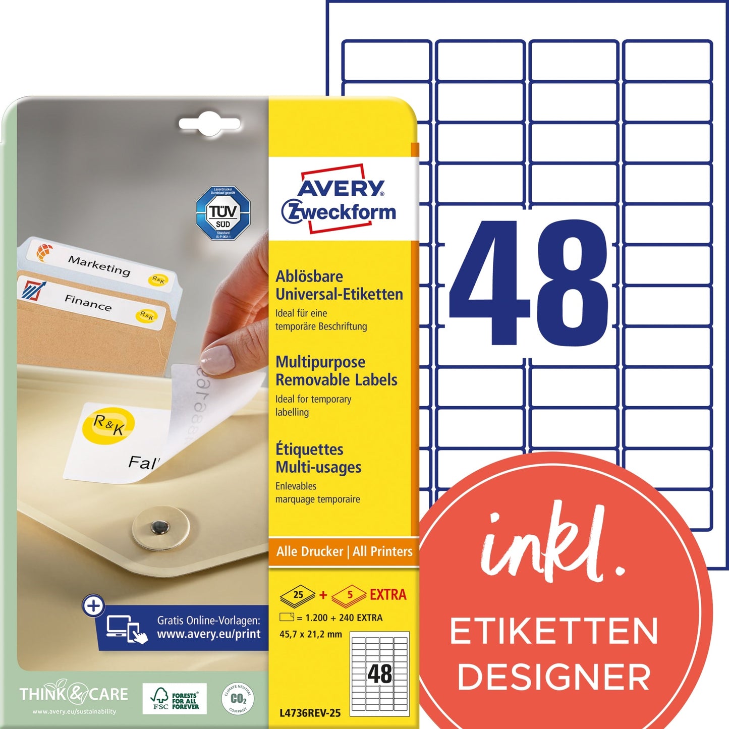 Avery Zweckform Universaletikett 45,7 x 21,2 mm (B x H) wieder ablösbar Papier weiß 1.440 Etik./Pack.