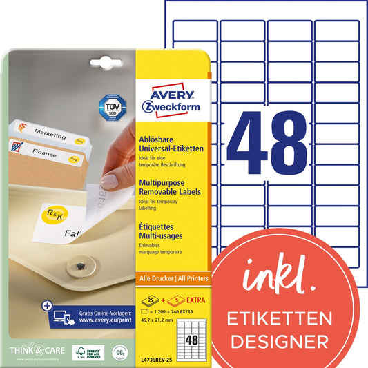 Avery Zweckform Universaletikett 45,7 x 21,2 mm (B x H) wieder ablösbar Papier weiß 1.440 Etik./Pack.