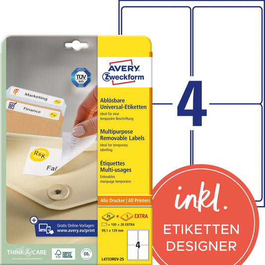 Avery Zweckform Universaletikett 99,1 x 139 mm (B x H) wieder ablösbar Papier weiß 120 Etik./Pack.