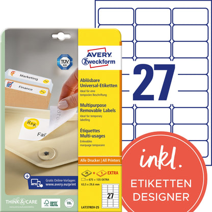 Avery Zweckform Universaletikett 63,5 x 29,6 mm (B x H) wieder ablösbar Papier weiß 810 Etik./Pack.