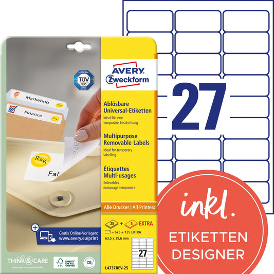 Avery Zweckform Universaletikett 63,5 x 29,6 mm (B x H) wieder ablösbar Papier weiß 810 Etik./Pack.