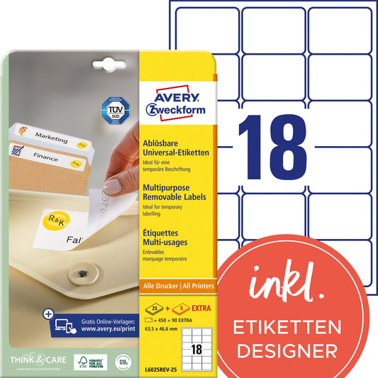 Avery Zweckform Universaletikett 63,5 x 46,6 mm (B x H) wieder ablösbar Papier weiß 540 Etik./Pack.