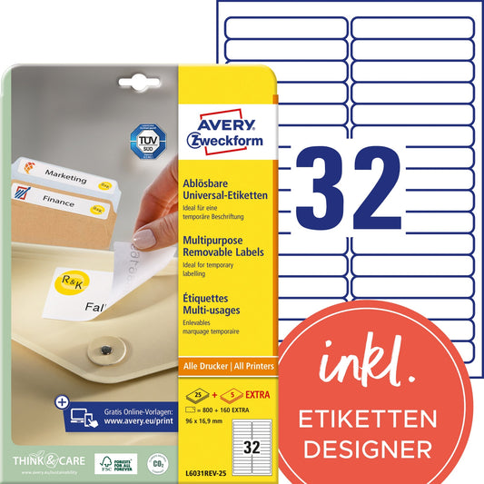 Avery Zweckform Universaletikett 96 x 16,9 mm (B x H) wieder ablösbar Papier weiß 960 Etik./Pack.