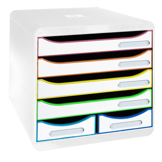 Exacompta Schubladenbox BIG-BOX Maxi 6 Schubladen DIN A4, Überbreite Polystyrol Gehäusefarbe: weiß Farbe der Schublade: weiß/harlekin