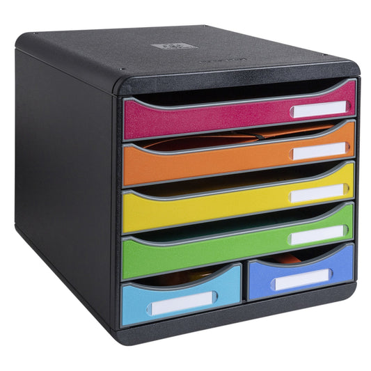 Exacompta Schubladenbox BIG-BOX Maxi 6 Schubladen DIN A4, Überbreite Polystyrol Gehäusefarbe: schwarz Farbe der Schublade: mehrfarbig