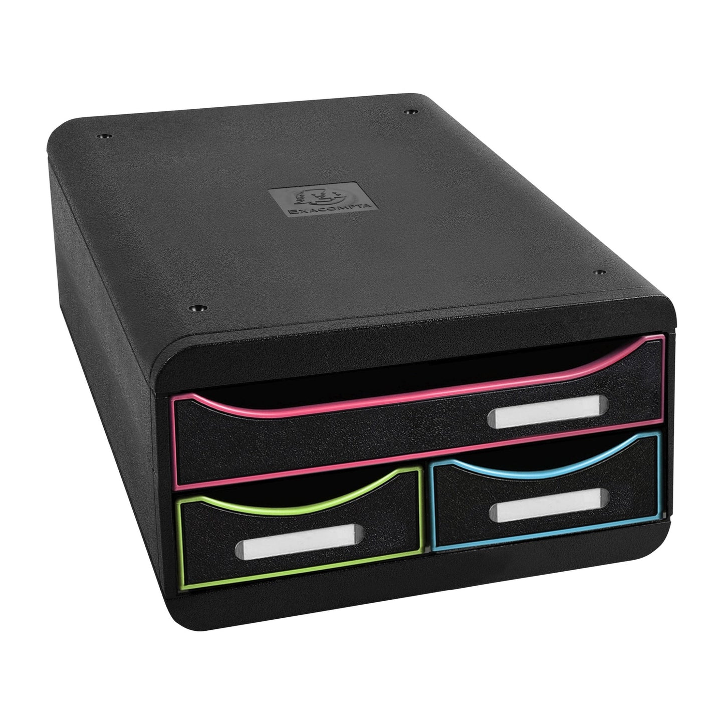 Exacompta Schubladenbox SMALL-BOX Mini 3 Schubladen DIN A4, Überbreite Polystyrol Gehäusefarbe: schwarz Farbe der Schublade: schwarz/harlekin