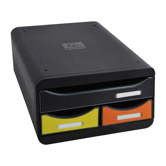 Exacompta Schubladenbox SMALL-BOX Mini 3 Schubladen DIN A4, Überbreite Polystyrol Gehäusefarbe: schwarz Farbe der Schublade: mehrfarbig