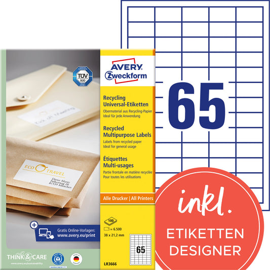 Avery Zweckform Universaletikett Recycling 38 x 21,2 mm (B x H) nicht wieder ablösbar 100 % Altpapier naturweiß 6.500 Etik./Pack.