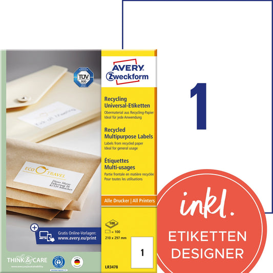 Avery Zweckform Universaletikett Recycling 210 x 297 mm (B x H) nicht wieder ablösbar 100 % Altpapier naturweiß 100 Etik./Pack.