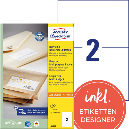 Avery Zweckform Universaletikett Recycling 210 x 148 mm (B x H) nicht wieder ablösbar 100 % Altpapier naturweiß 200 Etik./Pack.