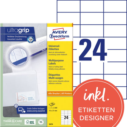 Avery Zweckform Universaletikett ultragrip 70 x 37 mm (B x H) nicht wieder ablösbar Papier weiß 2.400 Etik./Pack.