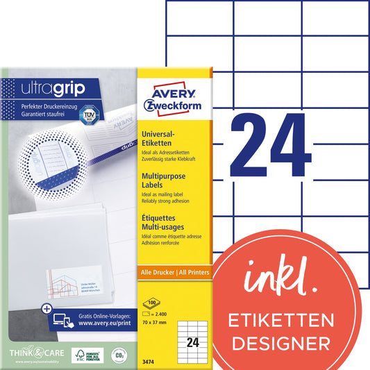 Avery Zweckform Universaletikett ultragrip 70 x 37 mm (B x H) nicht wieder ablösbar Papier weiß 2.400 Etik./Pack.