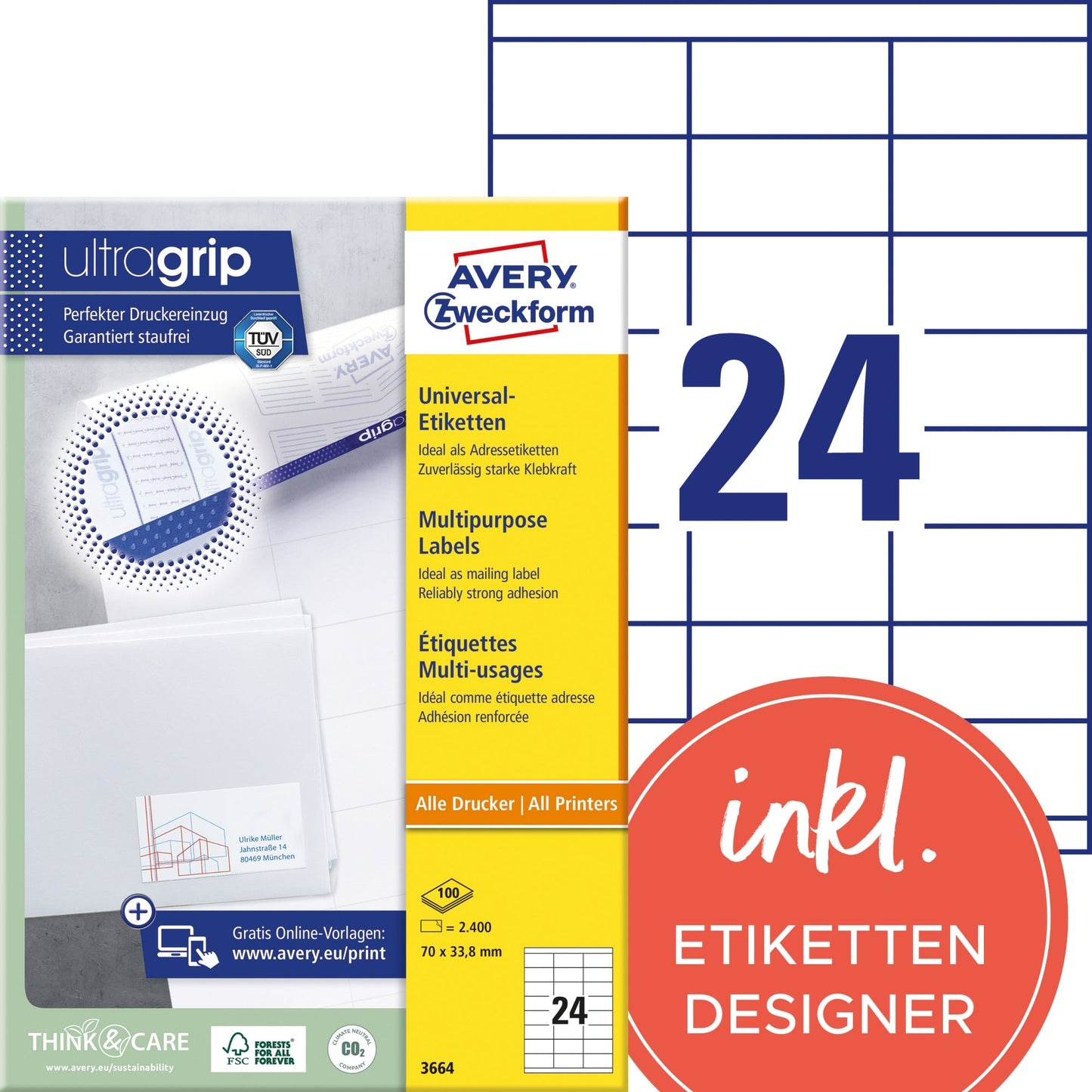 Avery Zweckform Universaletikett ultragrip 70 x 33,8 mm (B x H) nicht wieder ablösbar Papier weiß 2.400 Etik./Pack.
