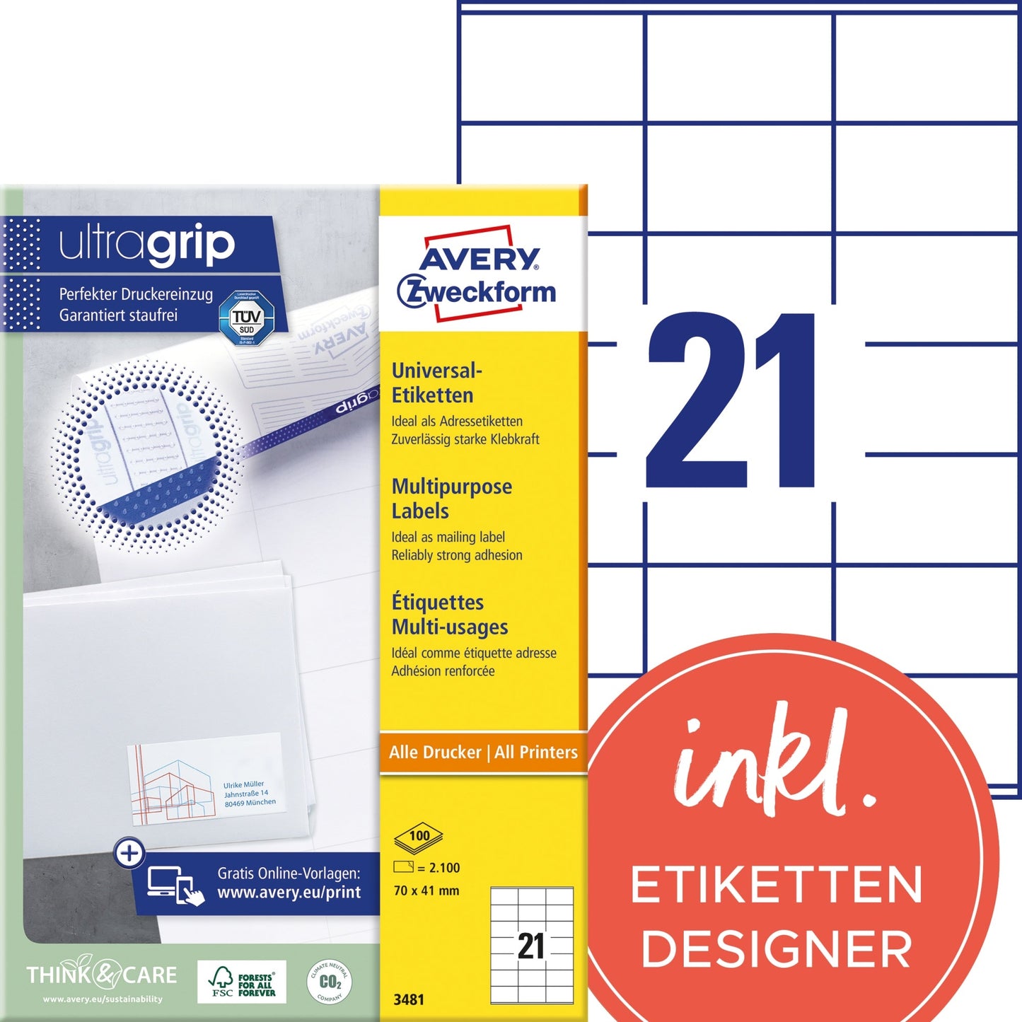 Avery Zweckform Universaletikett ultragrip 70 x 41 mm (B x H) nicht wieder ablösbar Papier weiß 2.100 Etik./Pack.
