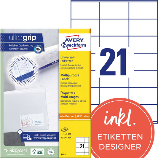 Avery Zweckform Universaletikett ultragrip 70 x 41 mm (B x H) nicht wieder ablösbar Papier weiß 2.100 Etik./Pack.