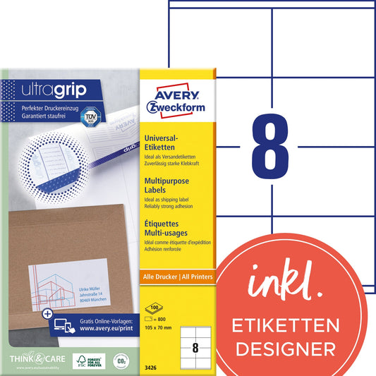 Avery Zweckform Universaletikett ultragrip 105 x 70 mm (B x H) nicht wieder ablösbar Papier weiß 800 Etik./Pack.