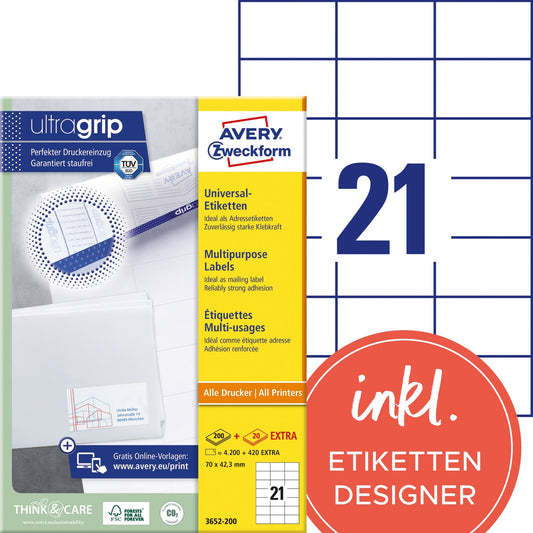 Avery Zweckform Universaletikett ultragrip 70 x 42,3 mm (B x H) nicht wieder ablösbar Papier weiß 4.620 Etik./Pack.