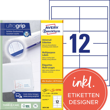 Avery Zweckform Universaletikett ultragrip 97 x 42,3 mm (B x H) nicht wieder ablösbar Papier weiß 2.640 Etik./Pack.