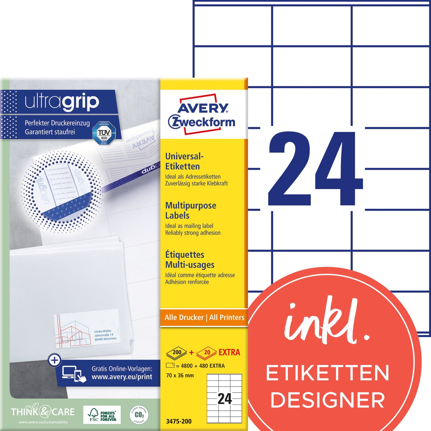 Avery Zweckform Universaletikett ultragrip 70 x 36 mm (B x H) nicht wieder ablösbar Papier weiß 5.280 Etik./Pack.