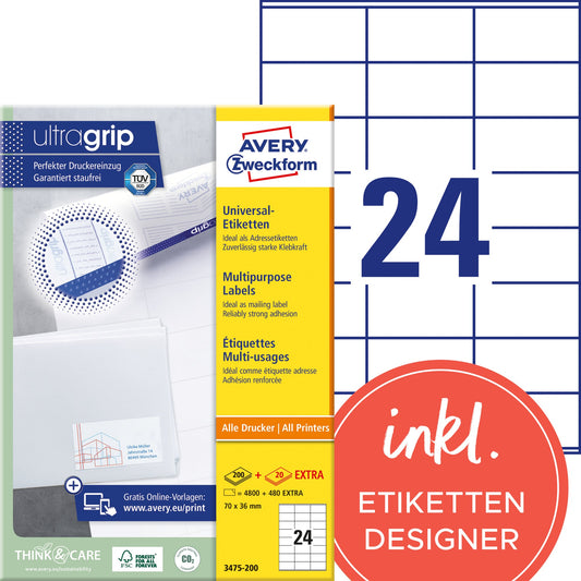 Avery Zweckform Universaletikett ultragrip 70 x 36 mm (B x H) nicht wieder ablösbar Papier weiß 5.280 Etik./Pack.
