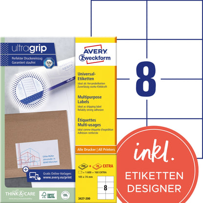 Avery Zweckform Universaletikett ultragrip 105 x 74 mm (B x H) nicht wieder ablösbar Papier weiß 1.760 Etik./Pack.