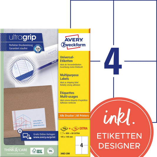 Avery Zweckform Universaletikett ultragrip 105 x 148 mm (B x H) nicht wieder ablösbar Papier weiß 880 Etik./Pack.