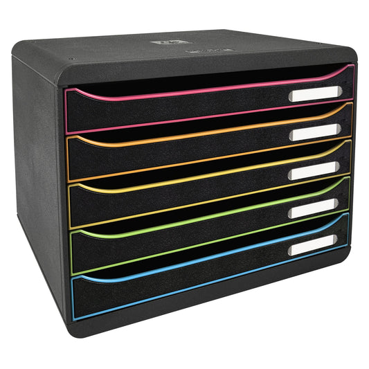 Exacompta Schubladenbox BIG-BOX plus quer 5 Schubladen DIN A4, Überbreite Polystyrol Gehäusefarbe: schwarz Farbe der Schublade: schwarz/harlekin