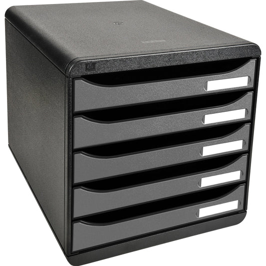 Exacompta Schubladenbox BIG-BOX plus 5 Schubladen DIN A4, Überbreite Polystyrol Gehäusefarbe: schwarz Farbe der Schublade: silber
