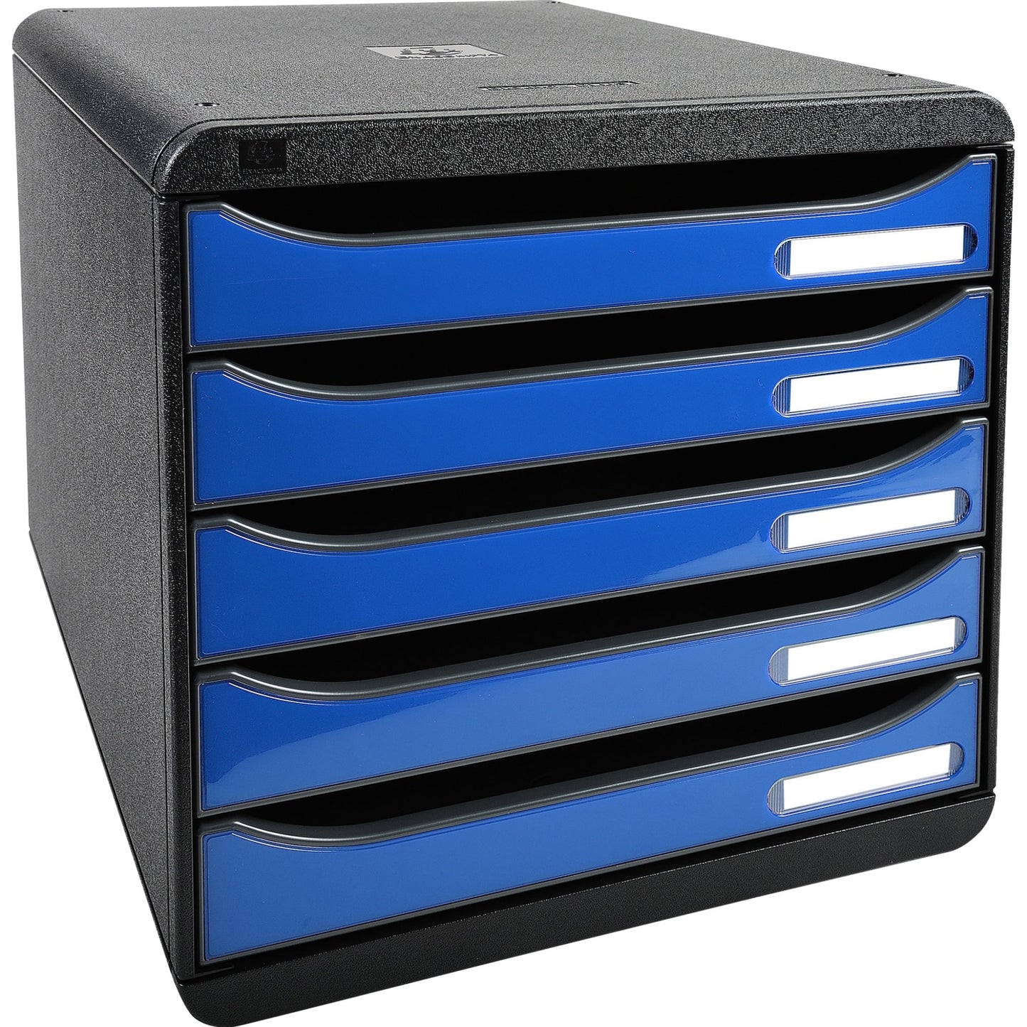 Exacompta Schubladenbox BIG-BOX plus 5 Schubladen DIN A4, Überbreite Polystyrol Gehäusefarbe: schwarz Farbe der Schublade: eisblau glossy
