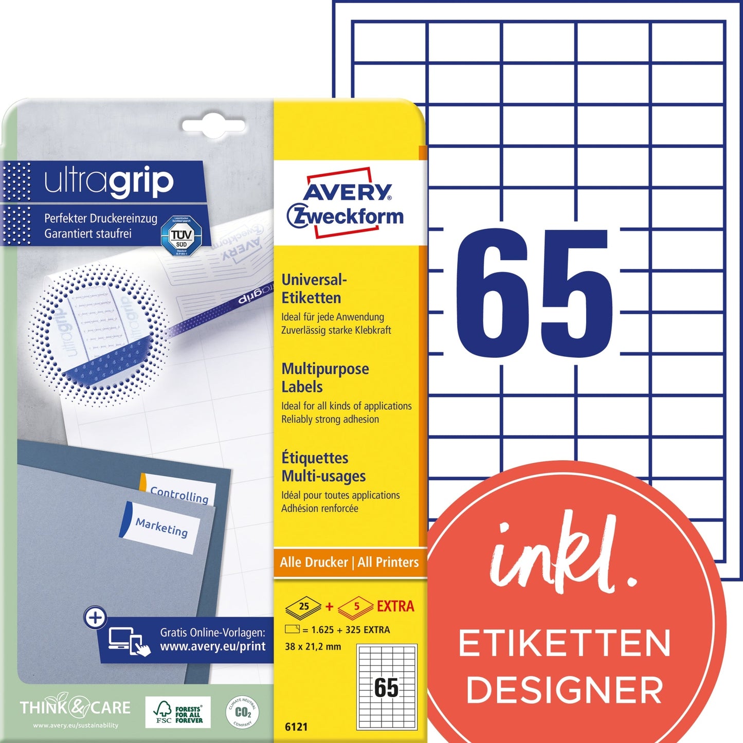Avery Zweckform Universaletikett ultragrip 38 x 21,2 mm (B x H) nicht wieder ablösbar Papier weiß 1.950 Etik./Pack.