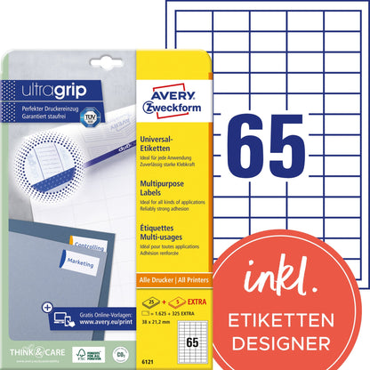Avery Zweckform Universaletikett ultragrip 38 x 21,2 mm (B x H) nicht wieder ablösbar Papier weiß 1.950 Etik./Pack.