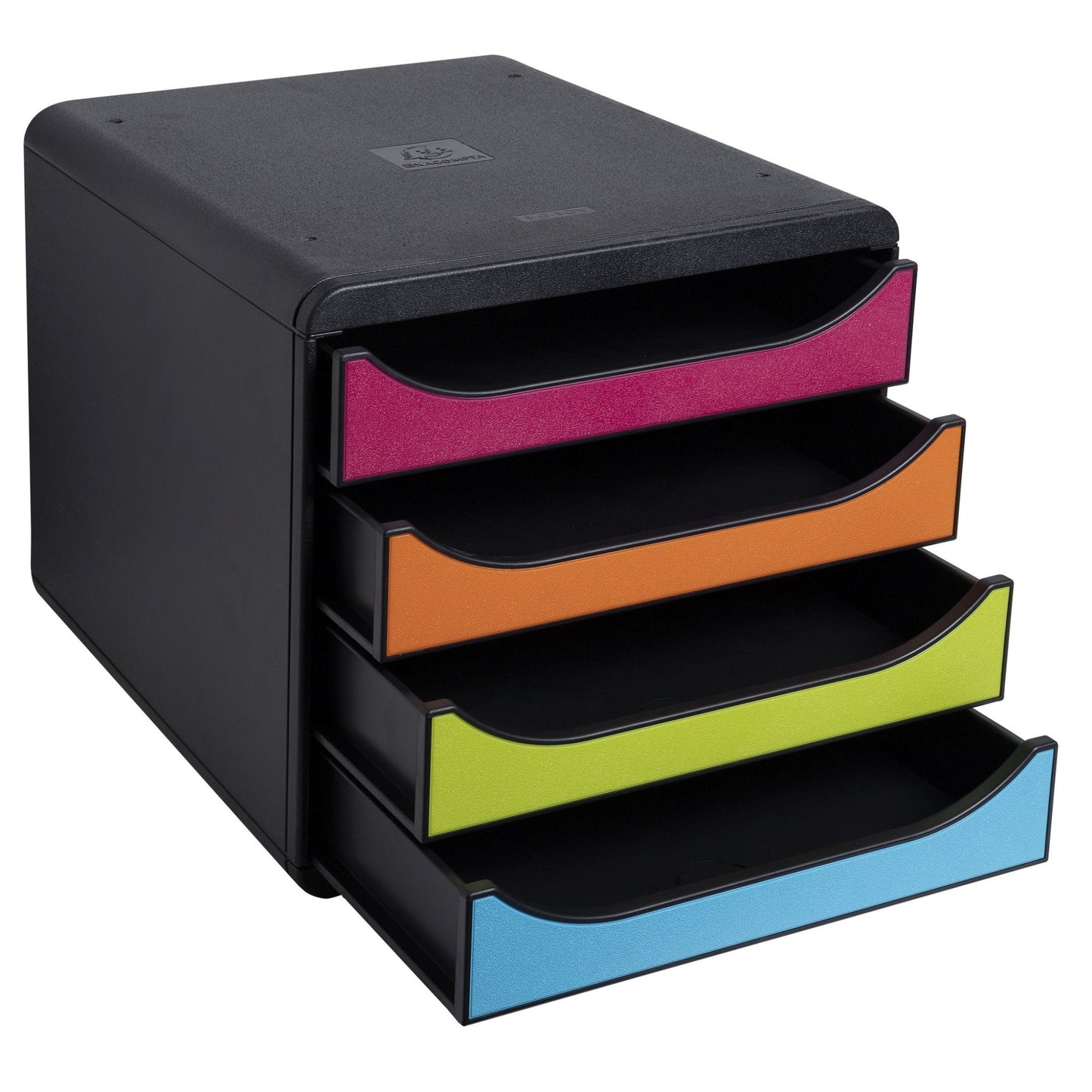 Exacompta Schubladenbox BIG-BOX 4 Schubladen DIN A4, Überbreite Polystyrol Gehäusefarbe: schwarz Farbe der Schublade: mehrfarbig