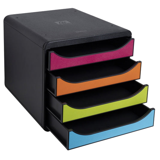 Exacompta Schubladenbox BIG-BOX 4 Schubladen DIN A4, Überbreite Polystyrol Gehäusefarbe: schwarz Farbe der Schublade: mehrfarbig