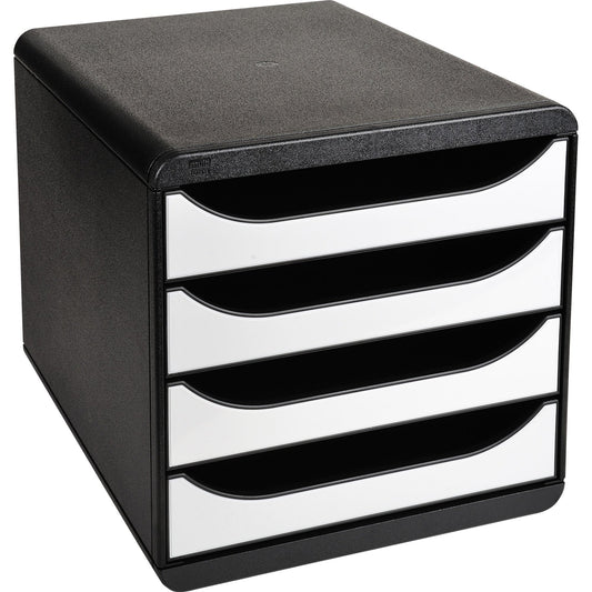 Exacompta Schubladenbox BIG-BOX 4 Schubladen DIN A4, Überbreite Polystyrol Gehäusefarbe: schwarz Farbe der Schublade: weiß glossy