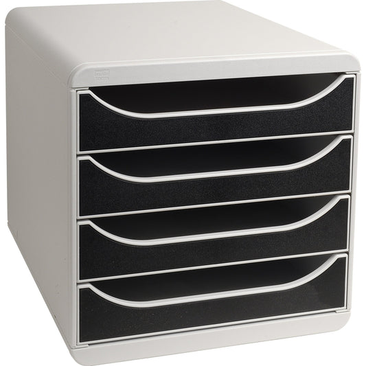 Exacompta Schubladenbox BIG-BOX 4 Schubladen DIN A4, Überbreite Polystyrol Gehäusefarbe: lichtgrau Farbe der Schublade: schwarz