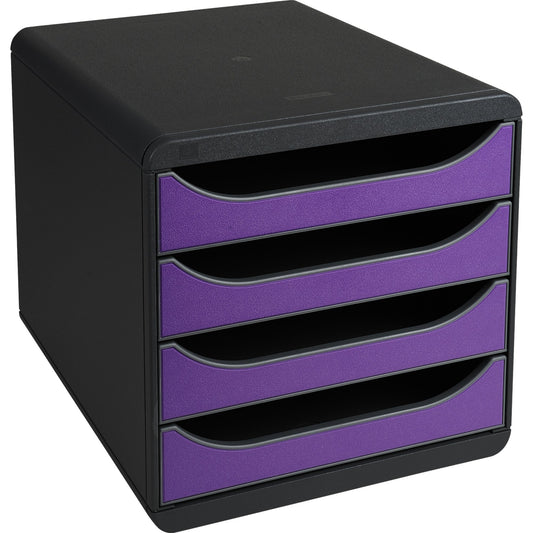 Exacompta Schubladenbox BIG-BOX 4 Schubladen DIN A4, Überbreite Polystyrol Gehäusefarbe: schwarz Farbe der Schublade: violett