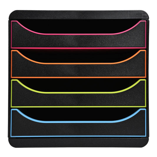 Exacompta Schubladenbox BIG-BOX 4 Schubladen DIN A4, Überbreite Polystyrol Gehäusefarbe: schwarz Farbe der Schublade: schwarz/harlekin