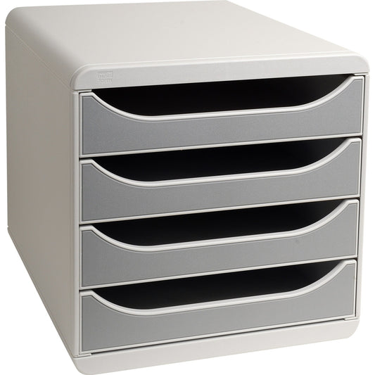 Exacompta Schubladenbox BIG-BOX 4 Schubladen DIN A4, Überbreite Polystyrol Gehäusefarbe: lichtgrau Farbe der Schublade: lichtgrau