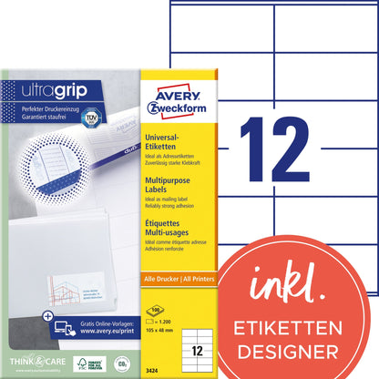 Avery Zweckform Universaletikett ultragrip 105 x 48 mm (B x H) nicht wieder ablösbar Papier weiß 1.200 Etik./Pack.