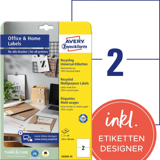 Avery Zweckform Universaletikett Recycling 210 x 148 mm (B x H) nicht wieder ablösbar 100 % Recyclingpapier naturweiß 20 Etik./Pack.