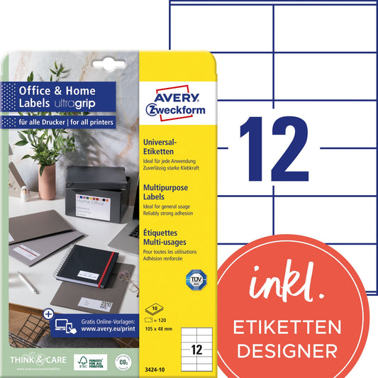 Avery Zweckform Universaletikett Home Office 105 x 48 mm (B x H) nicht wieder ablösbar Papier weiß 120 Etik./Pack.
