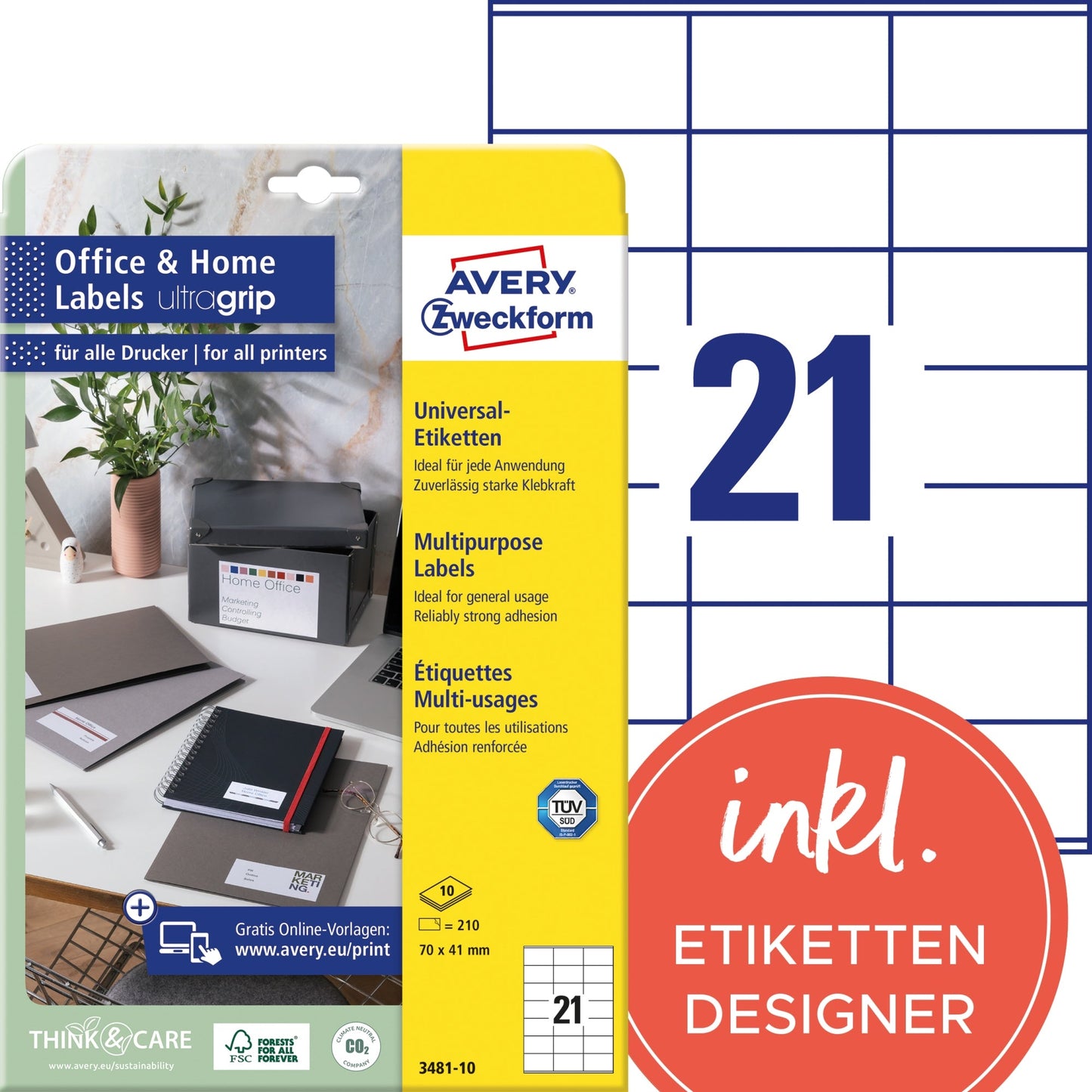 Avery Zweckform Universaletikett Home Office 70 x 41 mm (B x H) nicht wieder ablösbar Papier weiß 210 Etik./Pack.
