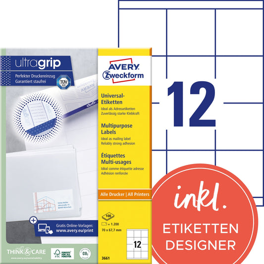 Avery Zweckform Universaletikett ultragrip 70 x 67,7 mm (B x H) nicht wieder ablösbar Papier weiß 1.200 Etik./Pack.