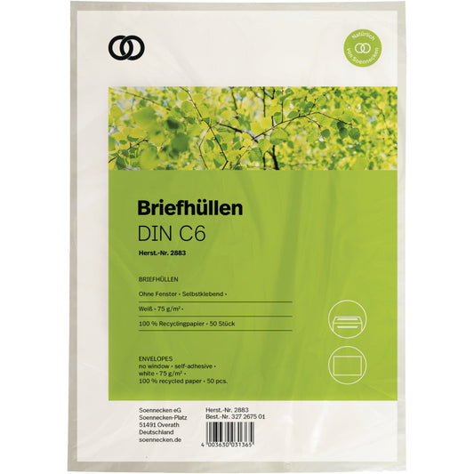 Soennecken Briefumschlag oeco DIN C6 162 x 114 mm (B x H) mit Selbstklebung ohne Fenster 75g/m² weiß 50 St./Pack.