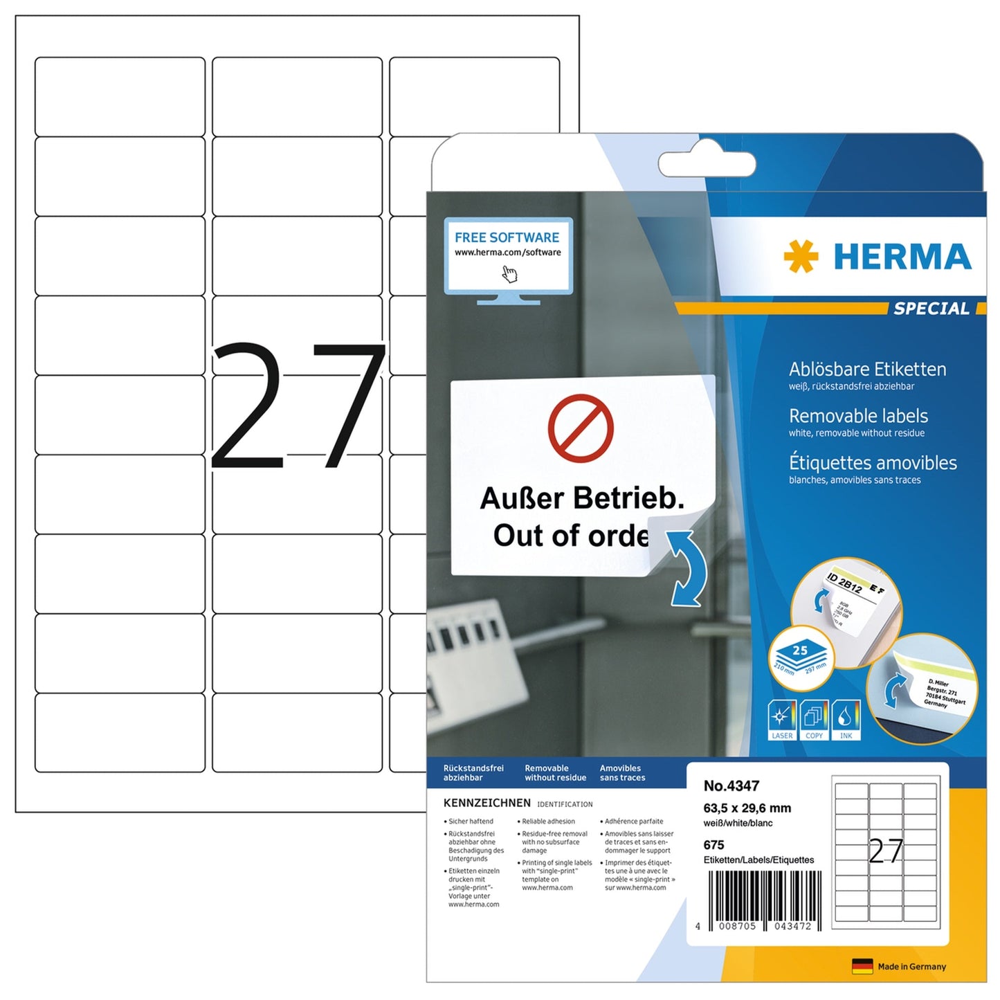 HERMA Universaletikett 63,5 x 29,6 mm (B x H) wieder ablösbar Papier weiß 675 Etik./Pack.