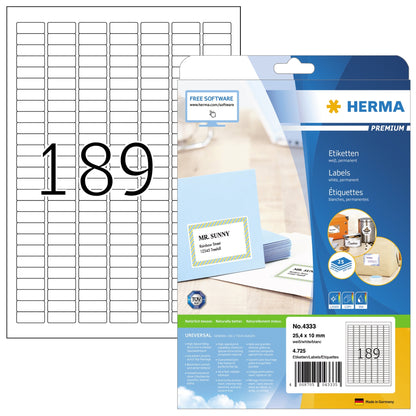HERMA Universaletikett PREMIUM 25,4 x 10 mm (B x H) nicht wieder ablösbar Papier weiß 4.725 Etik./Pack.